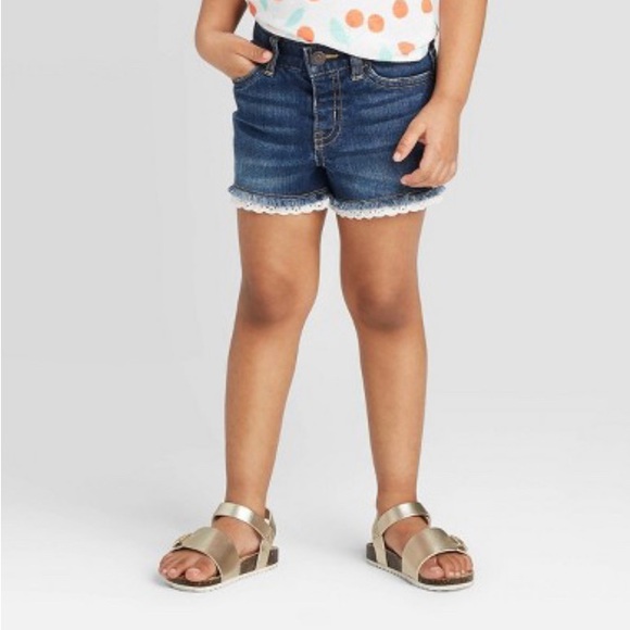 Cat & Jack 2T Dark Wash jean shorts with cute frayed edge with lace trim - Picture 1 of 9